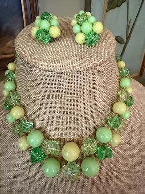 VTG German Green & Yellow Necklace & Clip Earrings Set - MCM